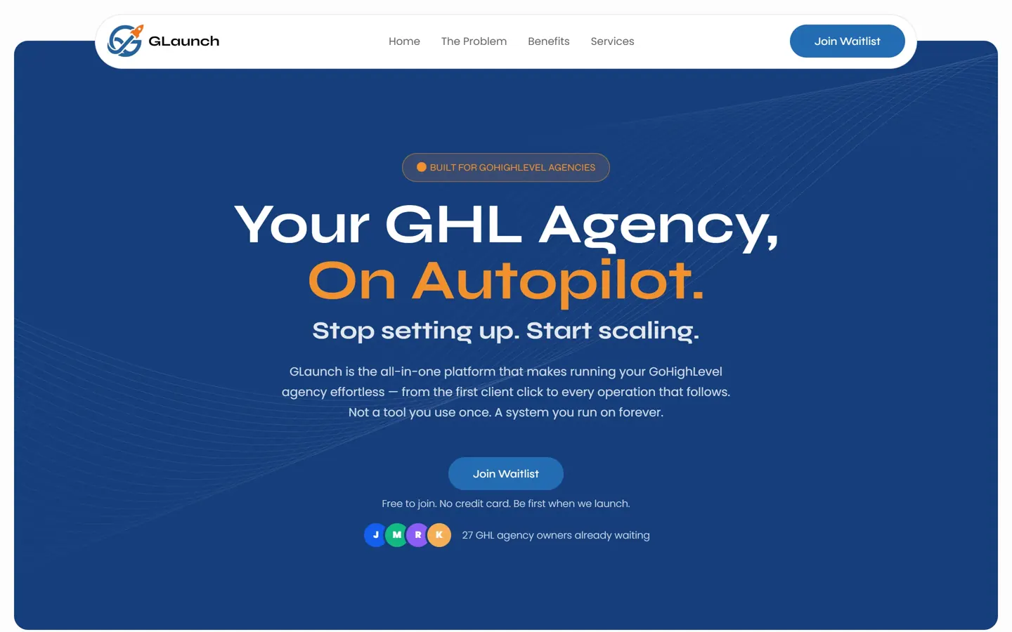 The GLaunch home page, presenting the client launch platform for GoHighLevel agencies
