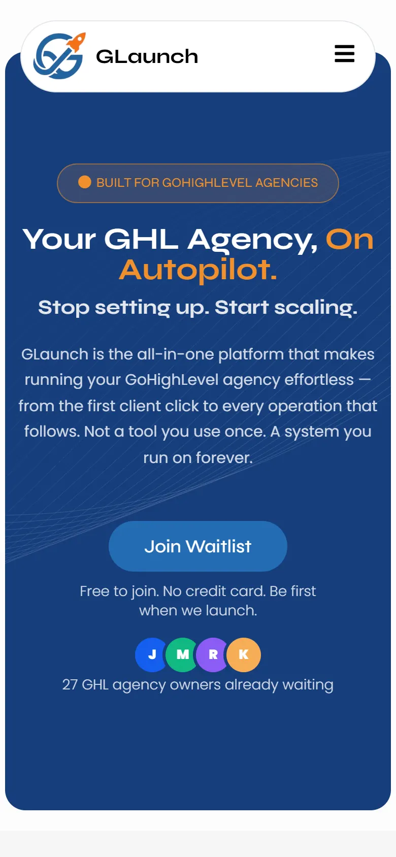 The GLaunch home page on a phone