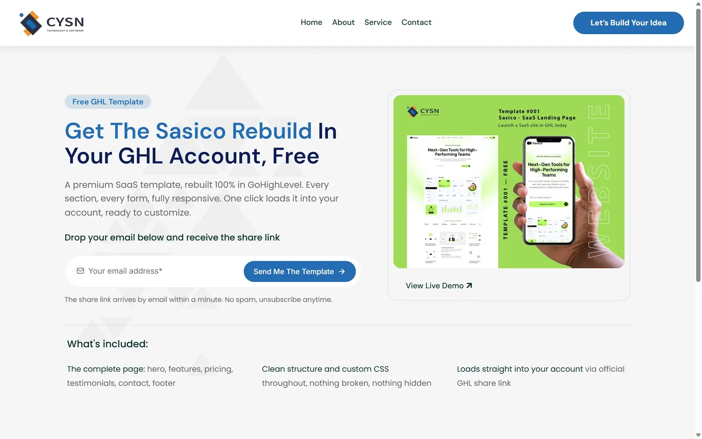 The opt-in page where visitors claim the template, with the email form and a preview of the template
